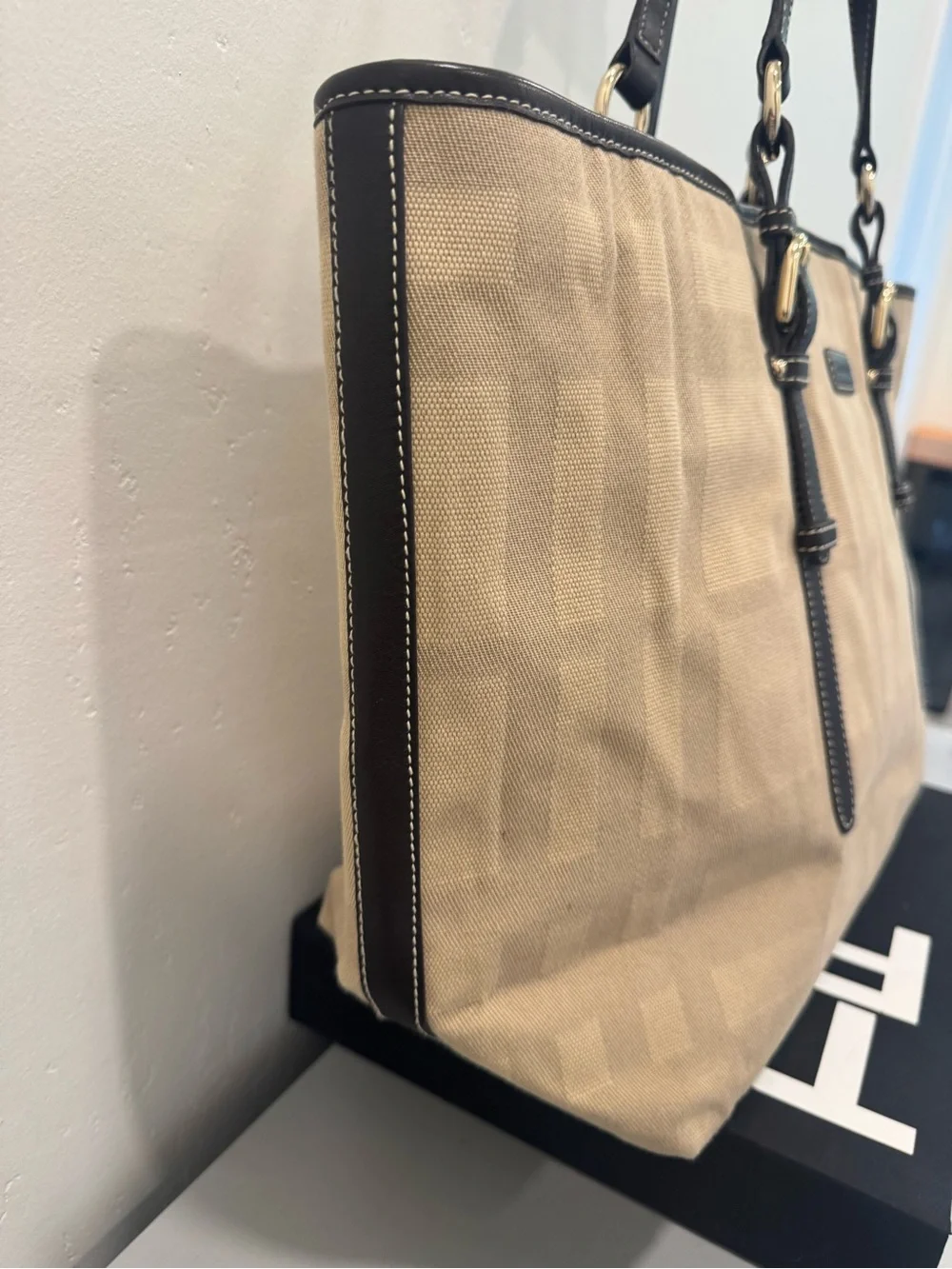 Burberry Beige Plaid Canvas Tote with Dark Brown Leather Trim